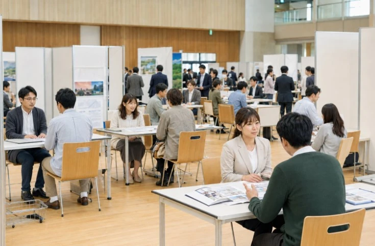 あきた就職フェアの会場で、企業担当者と来場者がテーブルで個別面談する様子