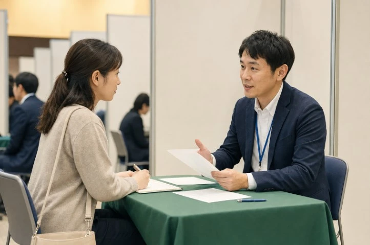 あきた就職フェアのブースで、企業担当者に説明を聞きながらメモを取る来場者