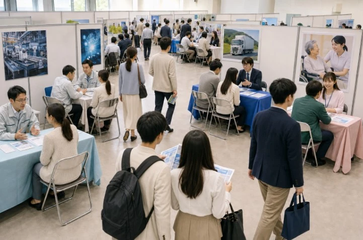 あきた就職フェアの会場全体の様子。多くのブースで来場者が企業担当者と面談している