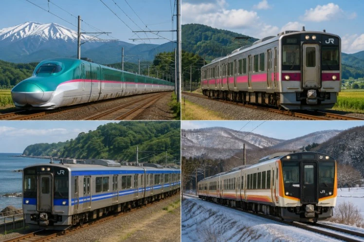 秋田新幹線「こまち」と秋田県内を走るJR在来線車両を組み合わせた4枚の写真