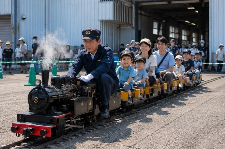 スタッフが運転するミニSLに家族連れの子どもたちが乗車体験している様子
