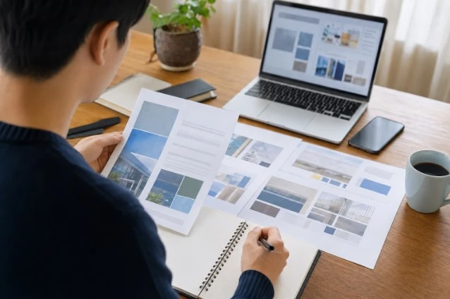 パソコンと資料を見ながら、あきた就職フェアで訪問する企業を事前に調べる人