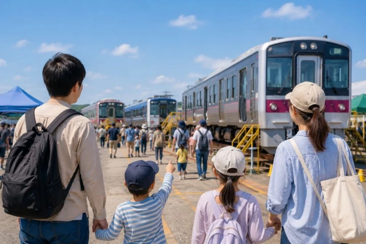 子ども連れの家族が秋田総合車両ベースフェアの会場で並んだ車両を見学している後ろ姿