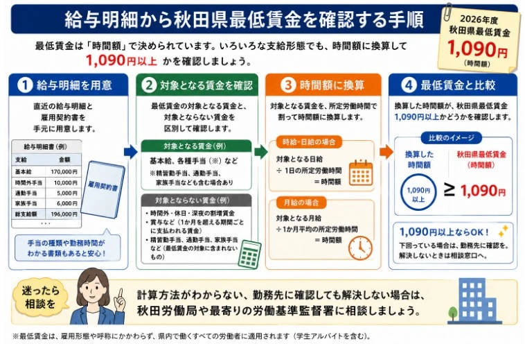 給与明細から秋田県最低賃金を確認する4つの手順