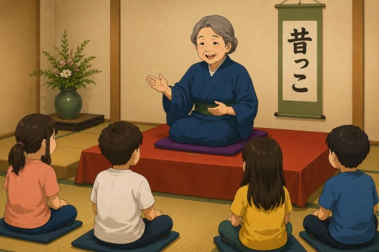 秋田弁で昔話を語る語り部のイメージ