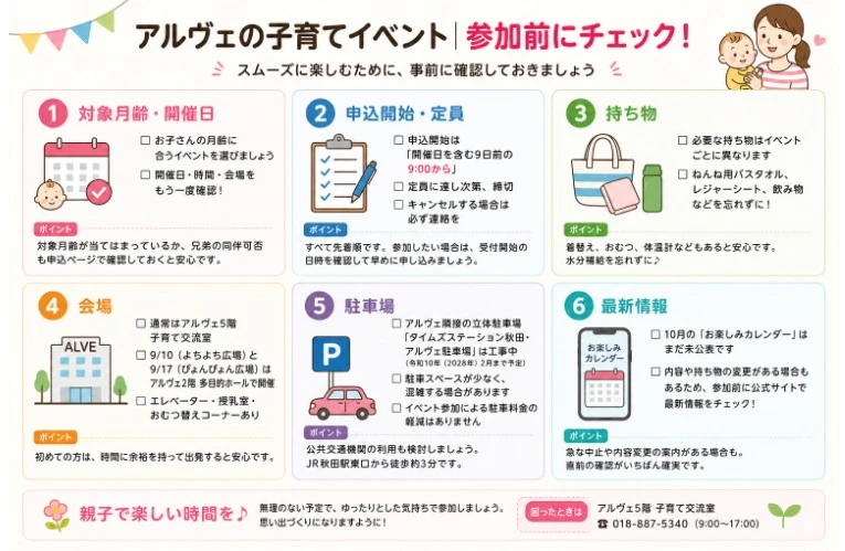 アルヴェの子育てイベント参加前に確認したい対象月齢・申込・持ち物・会場・駐車場