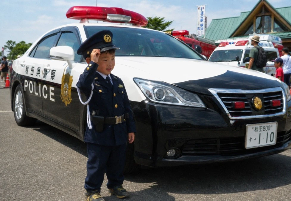 パトカーの前でミニ制服を着た子どものイメージ