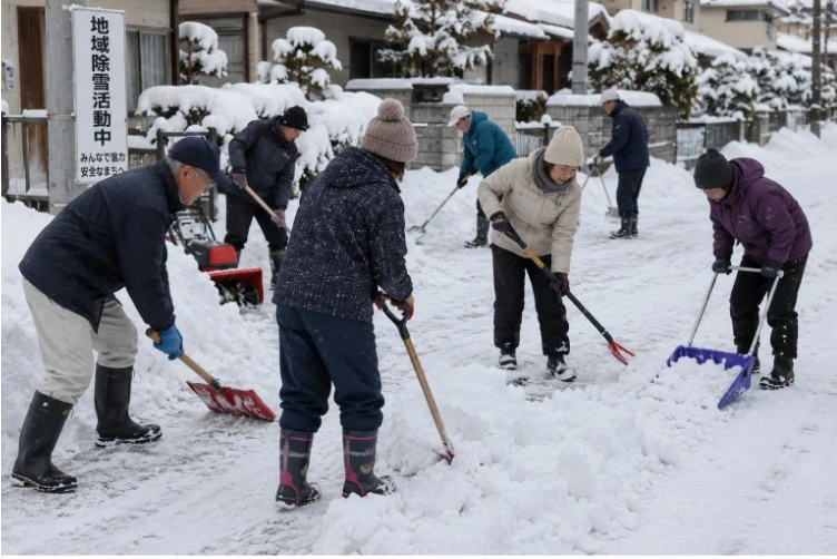 「地域除雪活動中」の看板がある住宅地で、複数の人が雪かきをする様子