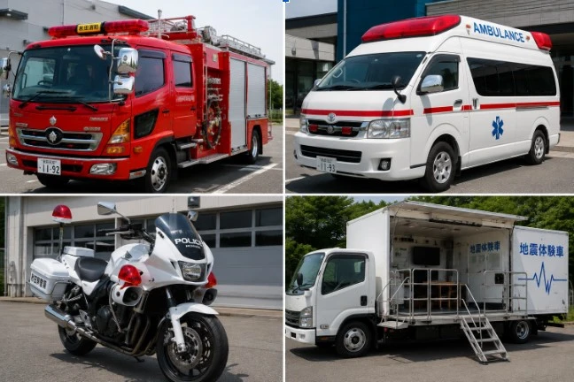 消防車・救急車・白バイ・地震体験車のイメージ