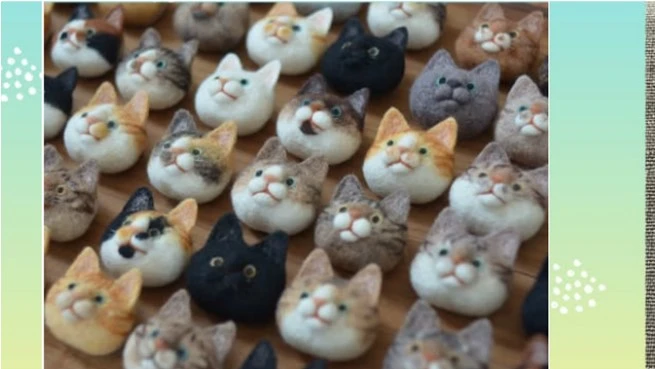 さまざまな毛色と表情をした猫モチーフのハンドメイド作品