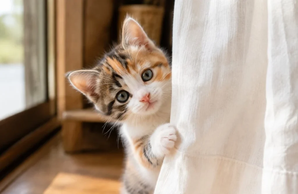 白いカーテンから顔をのぞかせる三毛の子猫
