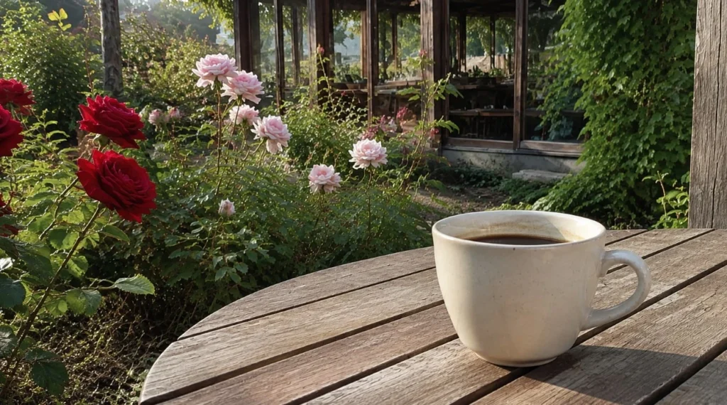 秋バラを眺めるテーブルに置かれたコーヒーカップ