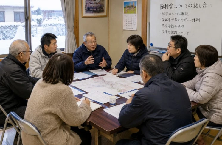 地図や資料を広げた机を囲み、除排雪について話し合う人たち