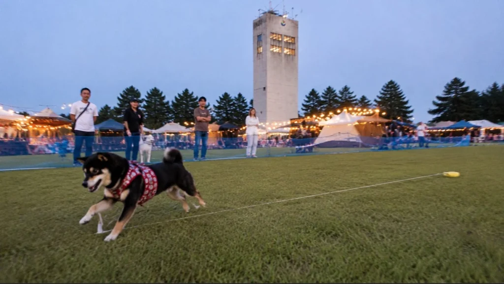 天王グリーンランドの芝生広場でルアーコーシングを体験する犬のイメージ