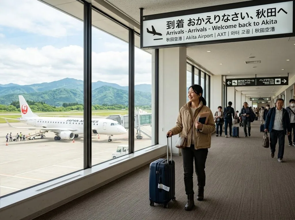 秋田空港の到着ロビーをスーツケースを引いて歩く女性