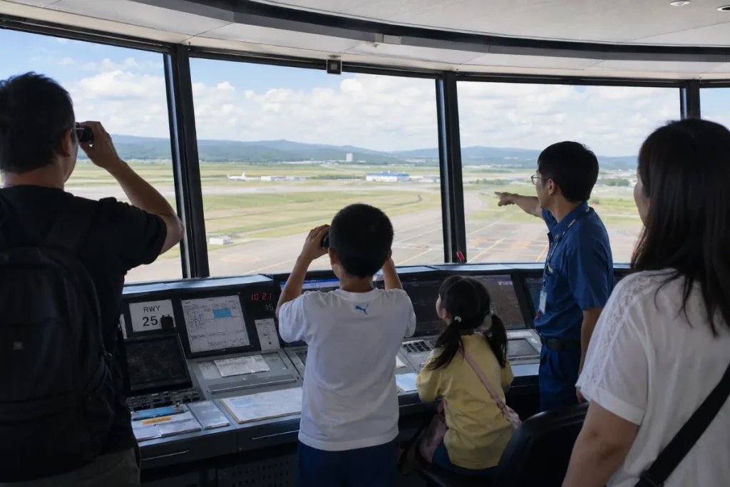 秋田空港の管制塔から滑走路を見学する親子