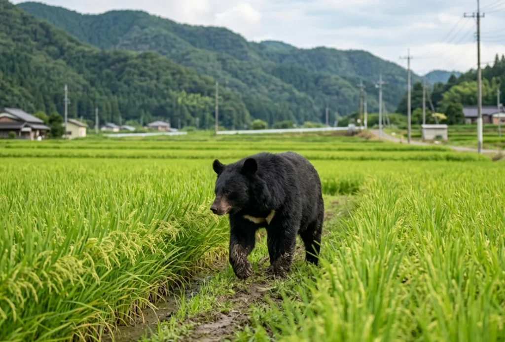 秋田県の田んぼを歩くツキノワグマ