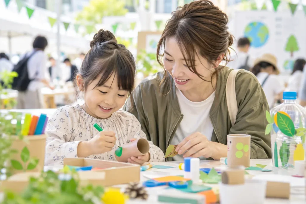 親子がイベント会場で廃材を使った工作を楽しんでいる様子