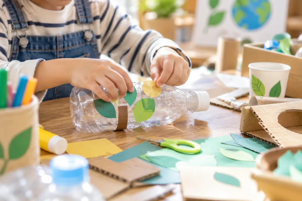 子どもがペットボトルに葉の形の飾りを貼って工作している様子