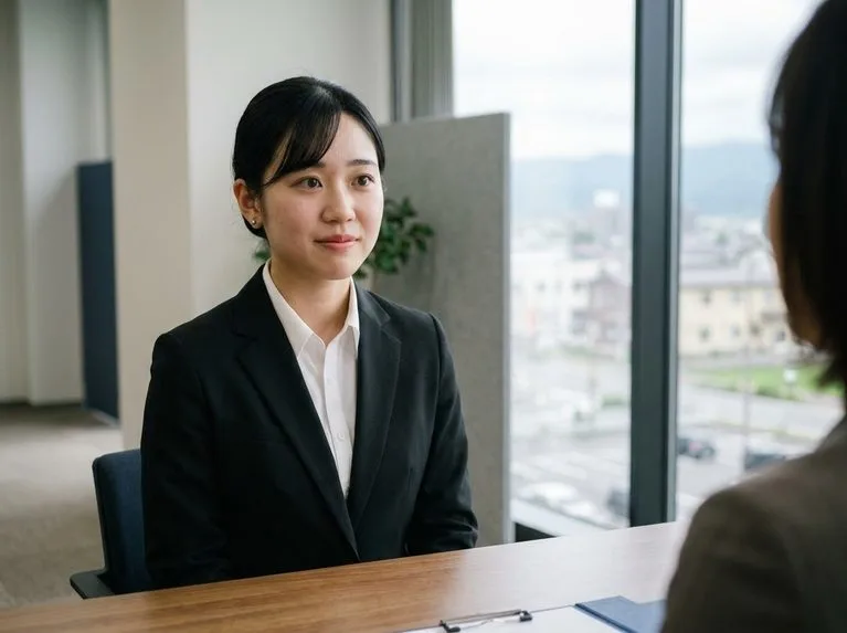 面接担当者と向かい合って話すスーツ姿の女性