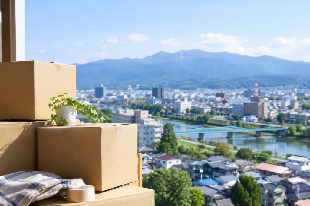 段ボールを前に秋田の街並みを眺める引っ越し準備の様子