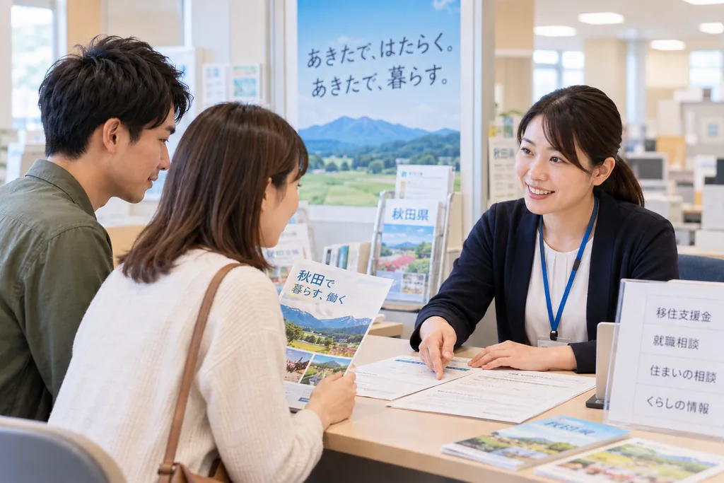 秋田県の移住相談窓口で相談する夫婦と担当者