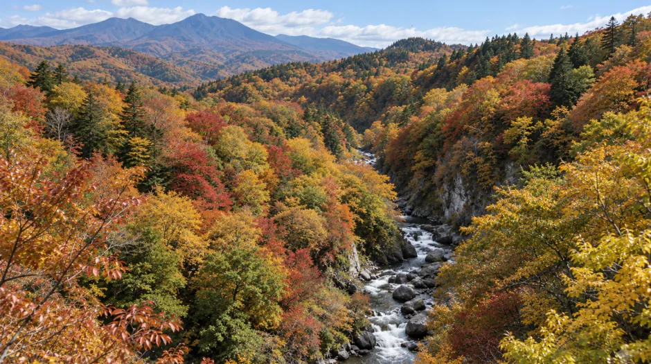 赤や黄に紅葉した山々と渓流が広がる秋の山岳風景