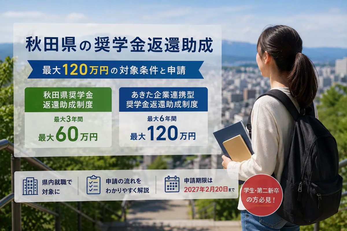 秋田県の奨学金返還助成2026｜最大120万円の対象条件と申請