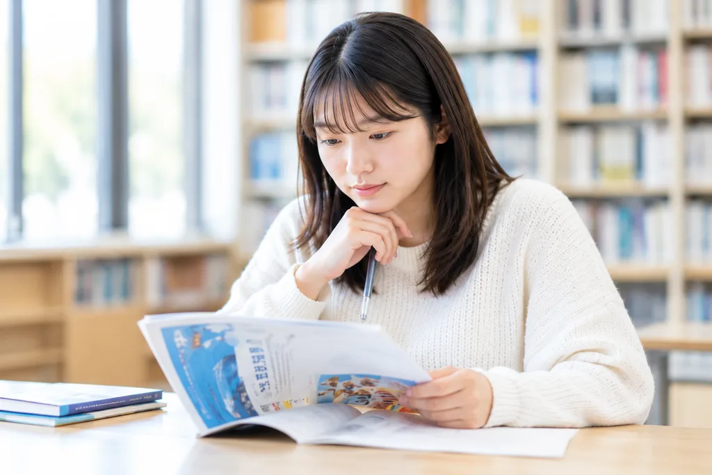 図書館で資料を確認する女性