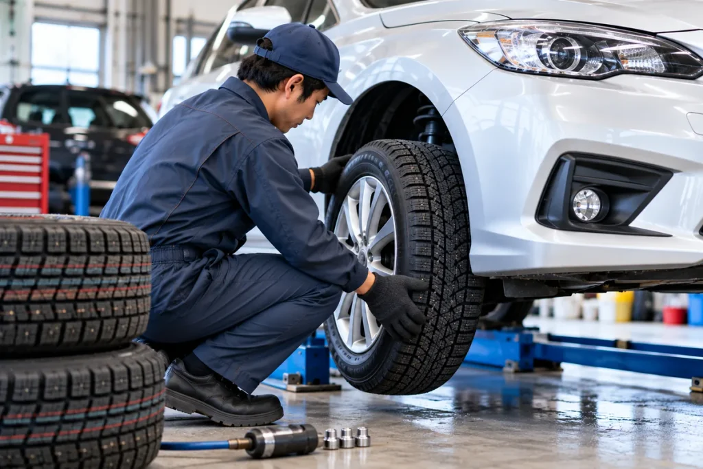整備工場で乗用車のスタッドレスタイヤを交換する整備士