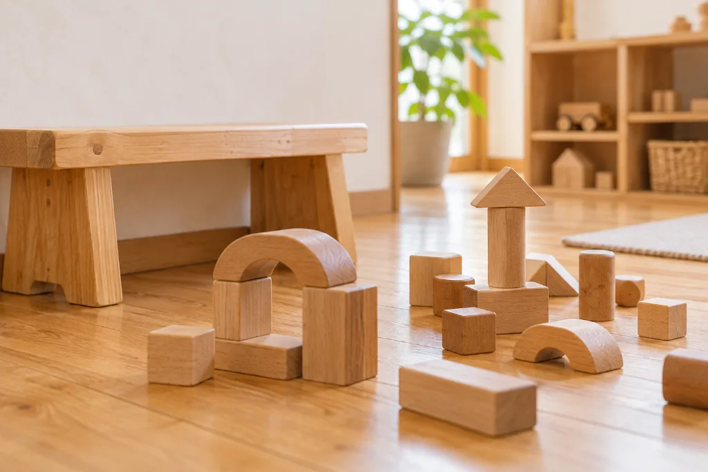 木製の積み木やアーチなどで作られた遊び場