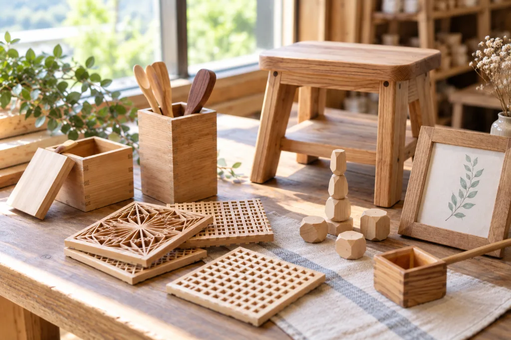 木製の小物や組子細工、木製家具などが並ぶクラフト作品