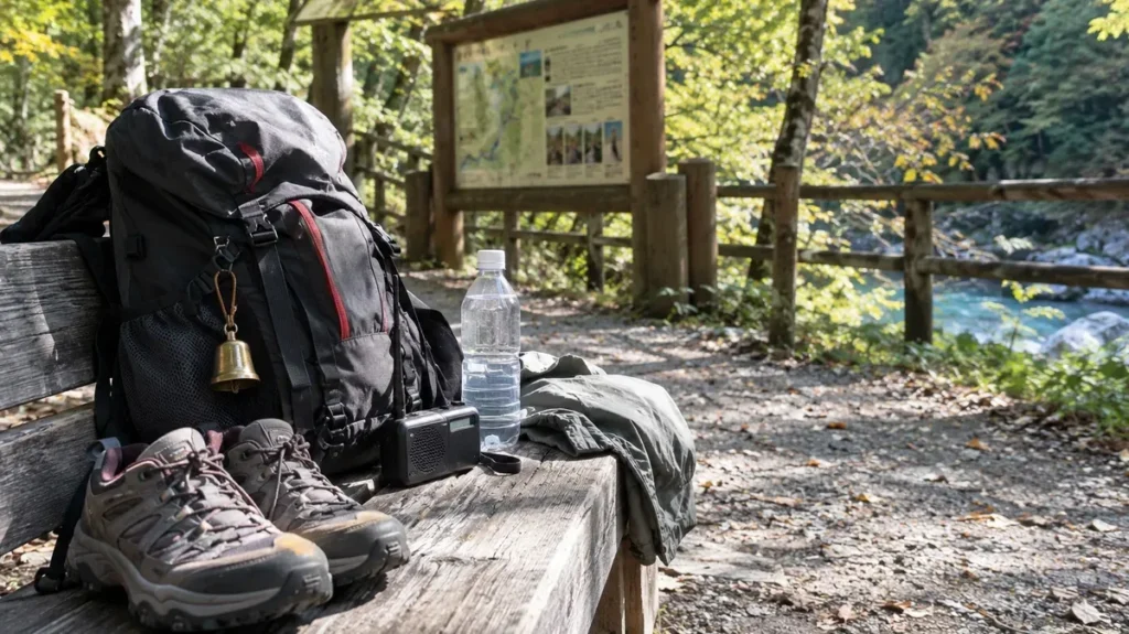 ベンチに置かれた登山靴、リュック、水などの散策用品
