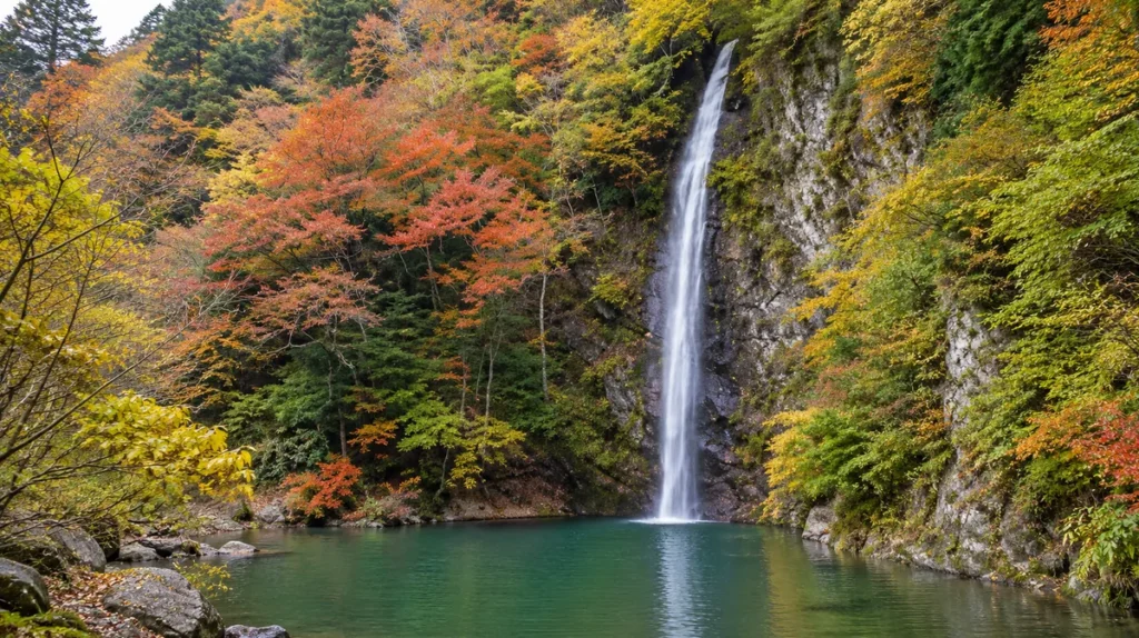 紅葉に囲まれた抱返り渓谷の回顧の滝