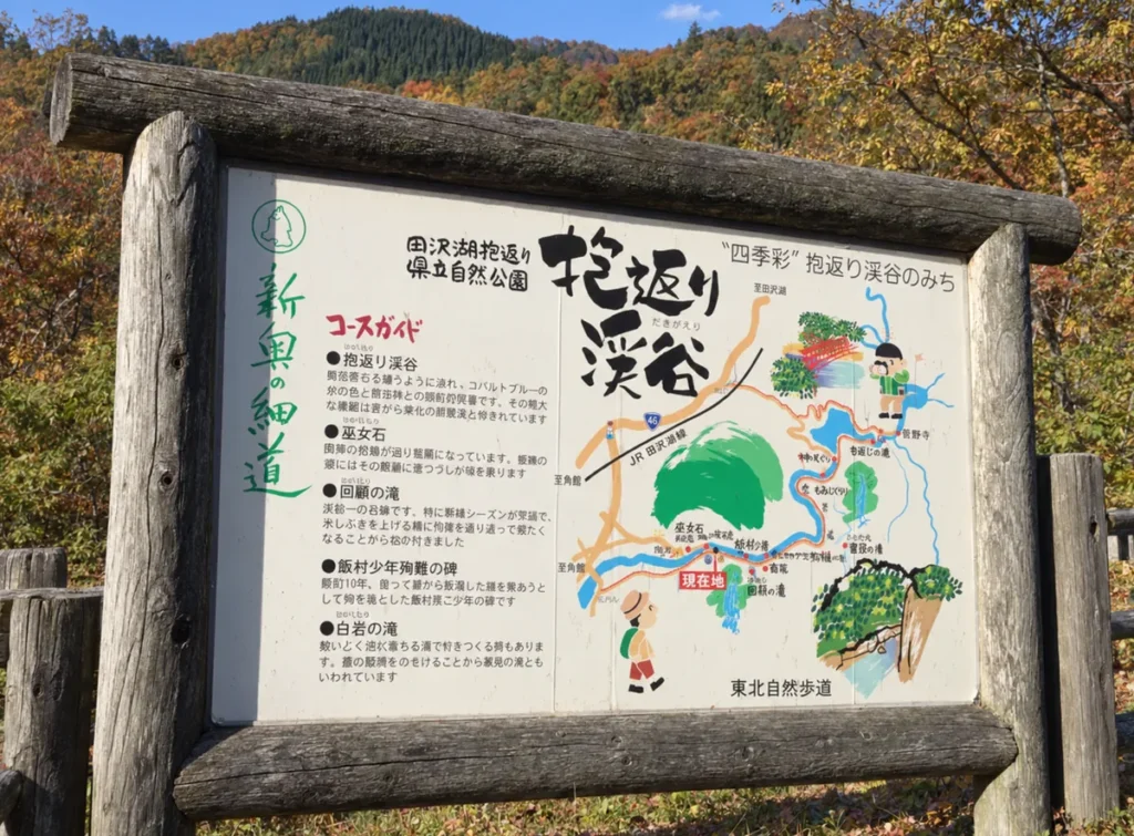 回顧の滝や抱返り渓谷の遊歩道を示す現地案内板