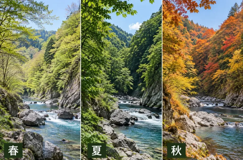 春・夏・秋で表情が変わる抱返り渓谷の景色