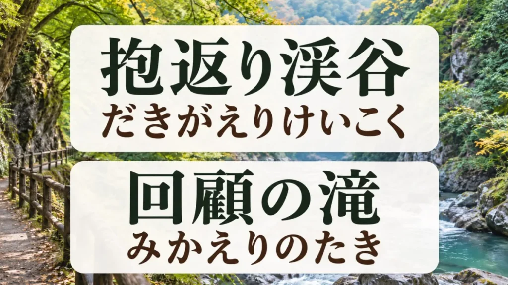 抱返り渓谷と回顧の滝の読み方を解説する画像