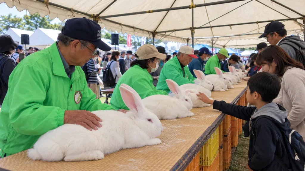 全国ジャンボうさぎフェスティバルで白いうさぎに触れる子ども
