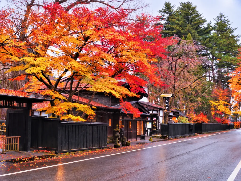 紅葉に彩られた角館武家屋敷通りと黒板塀