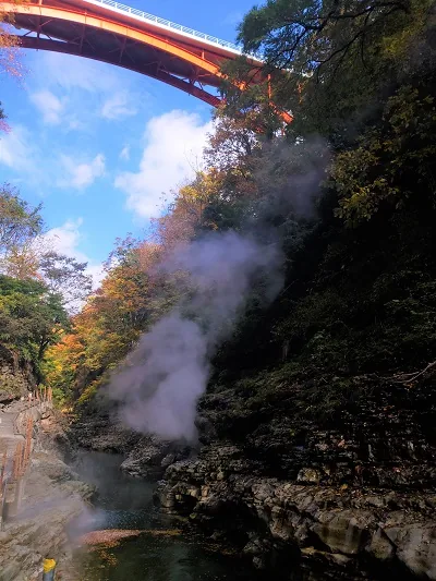 小安峡大噴湯の湯けむりと紅葉に彩られた渓谷
