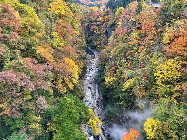 紅葉に彩られた小安峡の渓谷と谷を流れる川