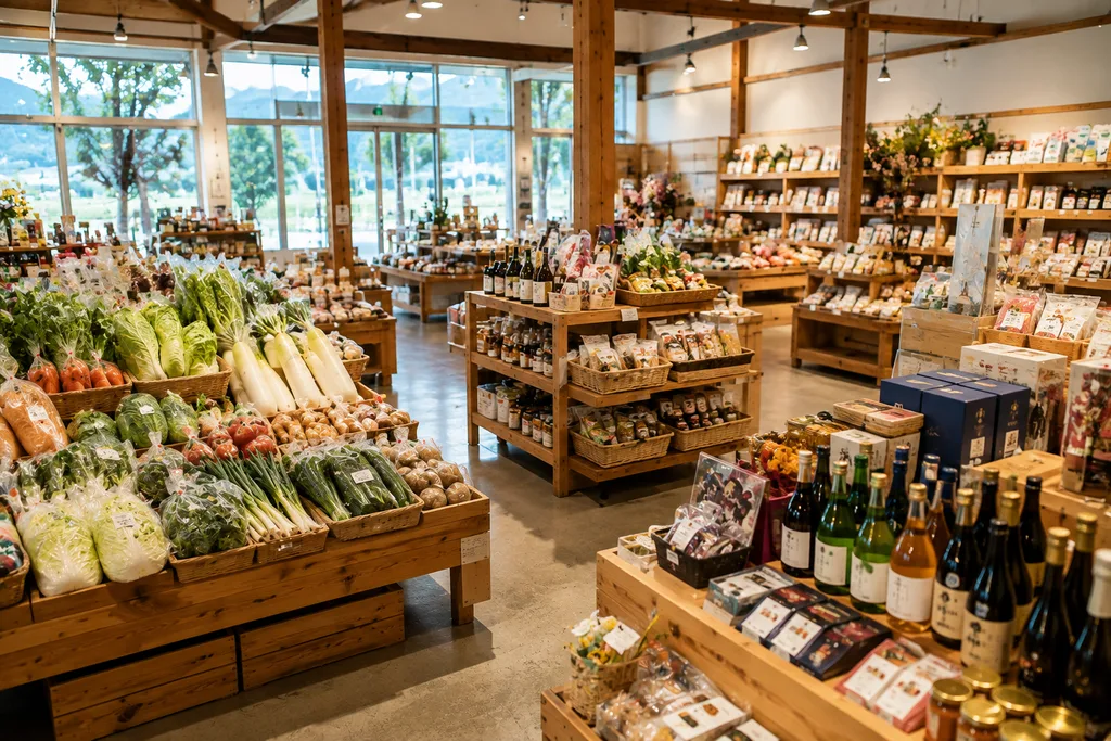 野菜や加工品、酒など地域の商品が並ぶ物産販売施設の店内