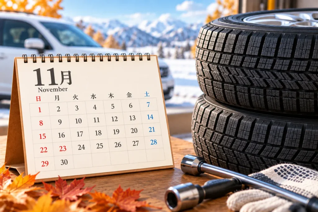11月のカレンダーと積み重ねたスタッドレスタイヤ