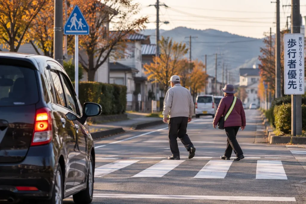 横断歩道を渡る高齢の男女と手前で停止する自動車