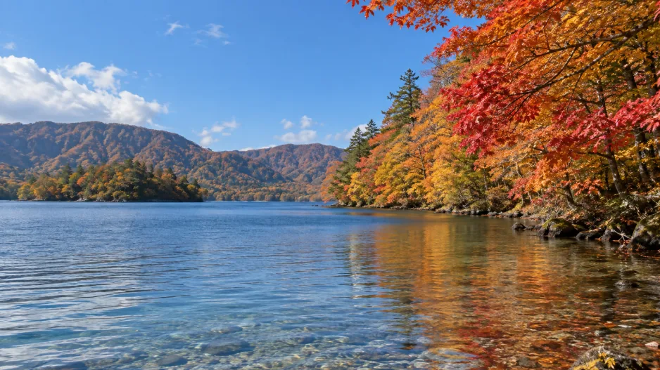 青い湖面と赤や黄に色づいた湖畔の木々が広がる十和田湖の紅葉