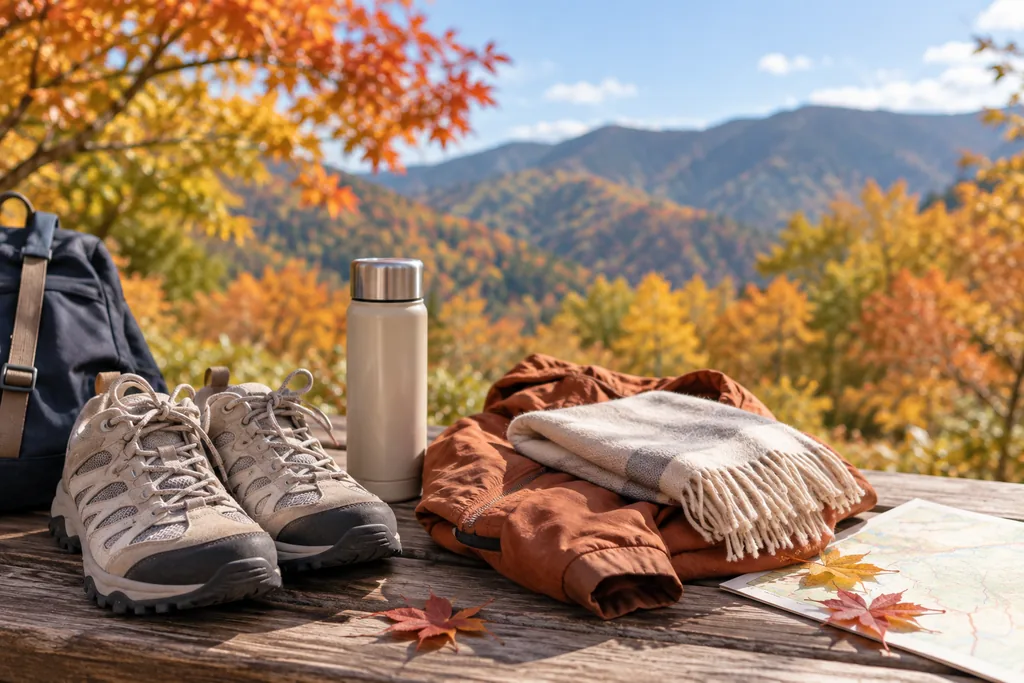 紅葉した山を背景に置かれた登山靴、水筒、上着、ブランケット、地図