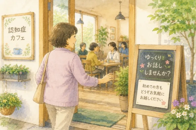 認知症カフェの入口から中へ入る女性を描いたイラスト