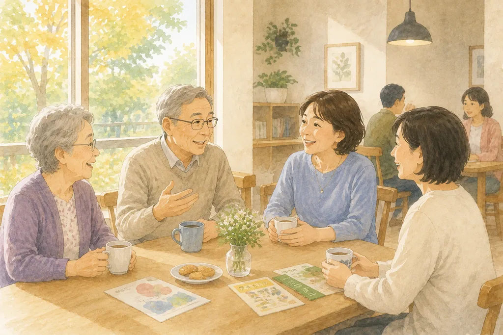 カフェのテーブルを囲んで会話する高齢者とスタッフのイラスト