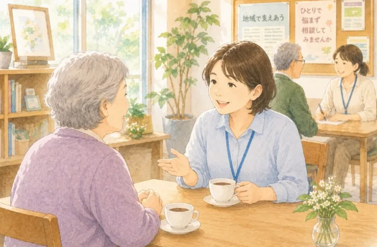 テーブルで高齢女性とスタッフが向かい合って話すイラスト