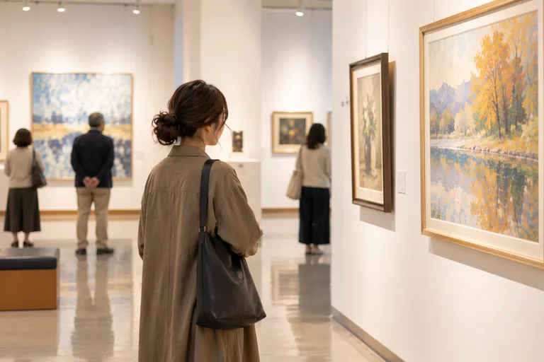 展示室で絵画作品を鑑賞する女性と展示作品
